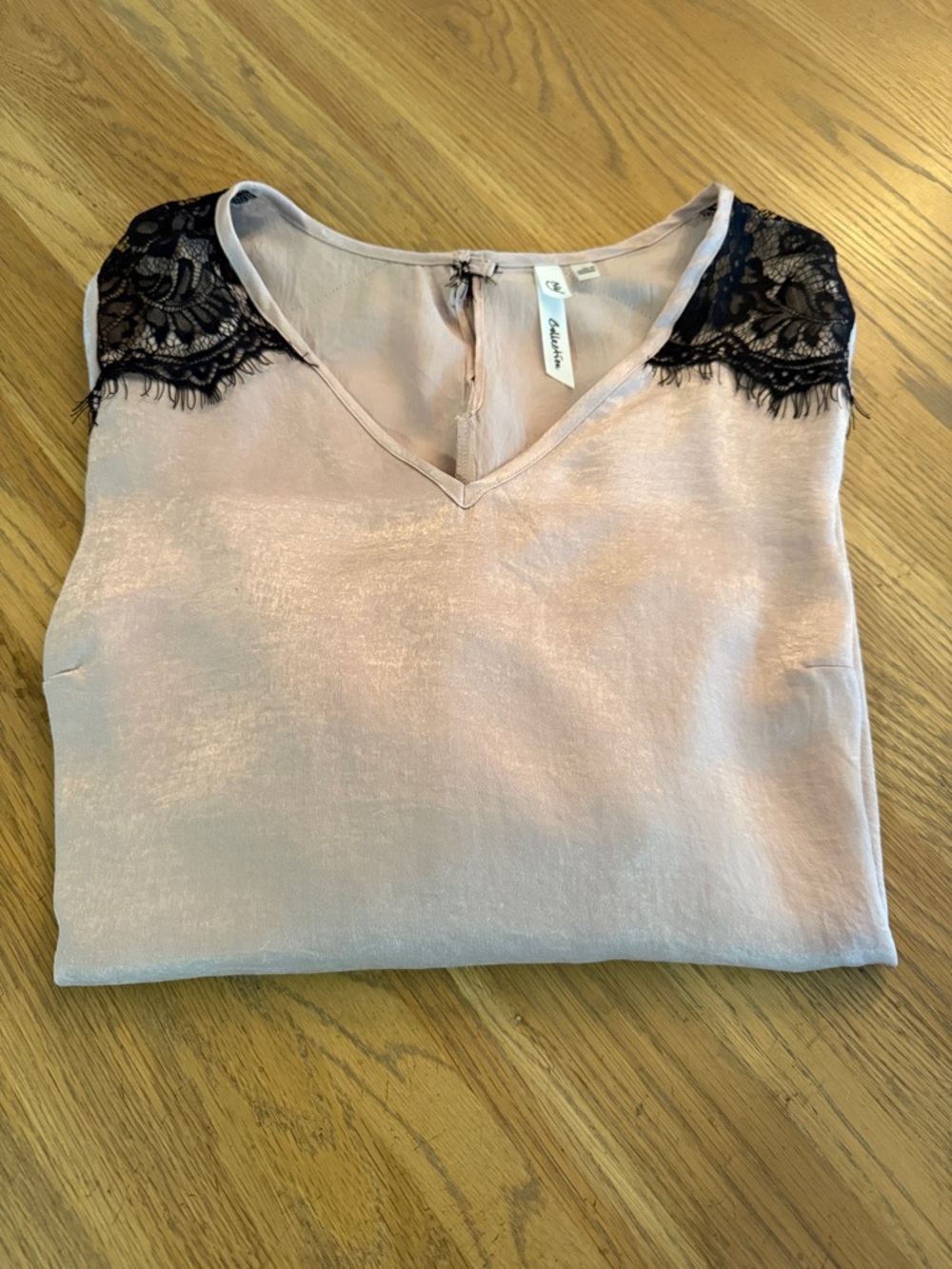 NY Collection Blush Blouse with Black Lace Shoulder Panels